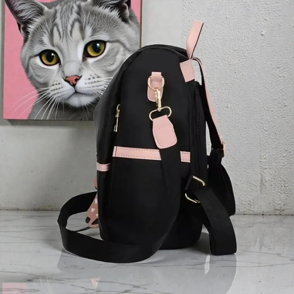 Anti-Theft Convertible Oxford Nylon Backpack Black Pink Cat Charm 3-Way Carry